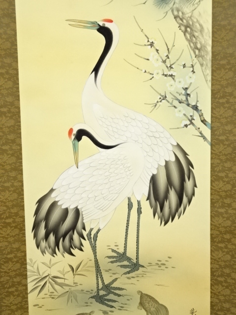 古画　日本画　山水画　仙境 鶴と亀　松竹梅　絹本　肉筆　佚名 掛軸 太田秀峰『松竹梅鶴亀』日本画 絹本 肉筆 共箱付 掛け軸
